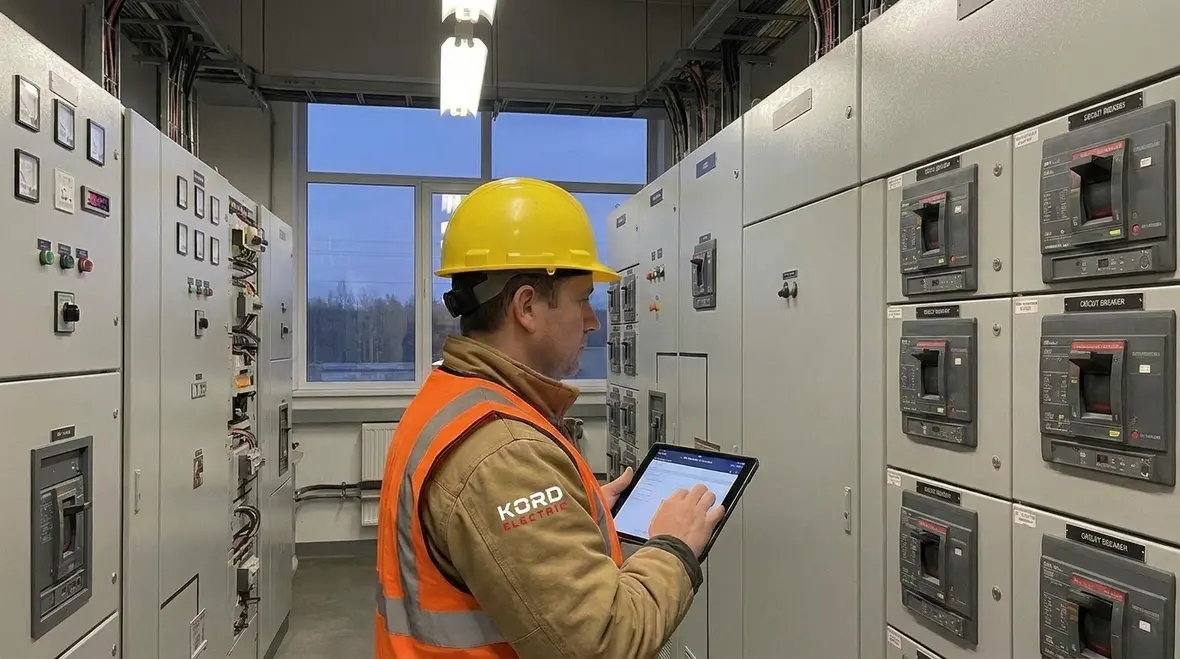 Technicians reviewing NEC orderly shutdown requirements in an electrical room