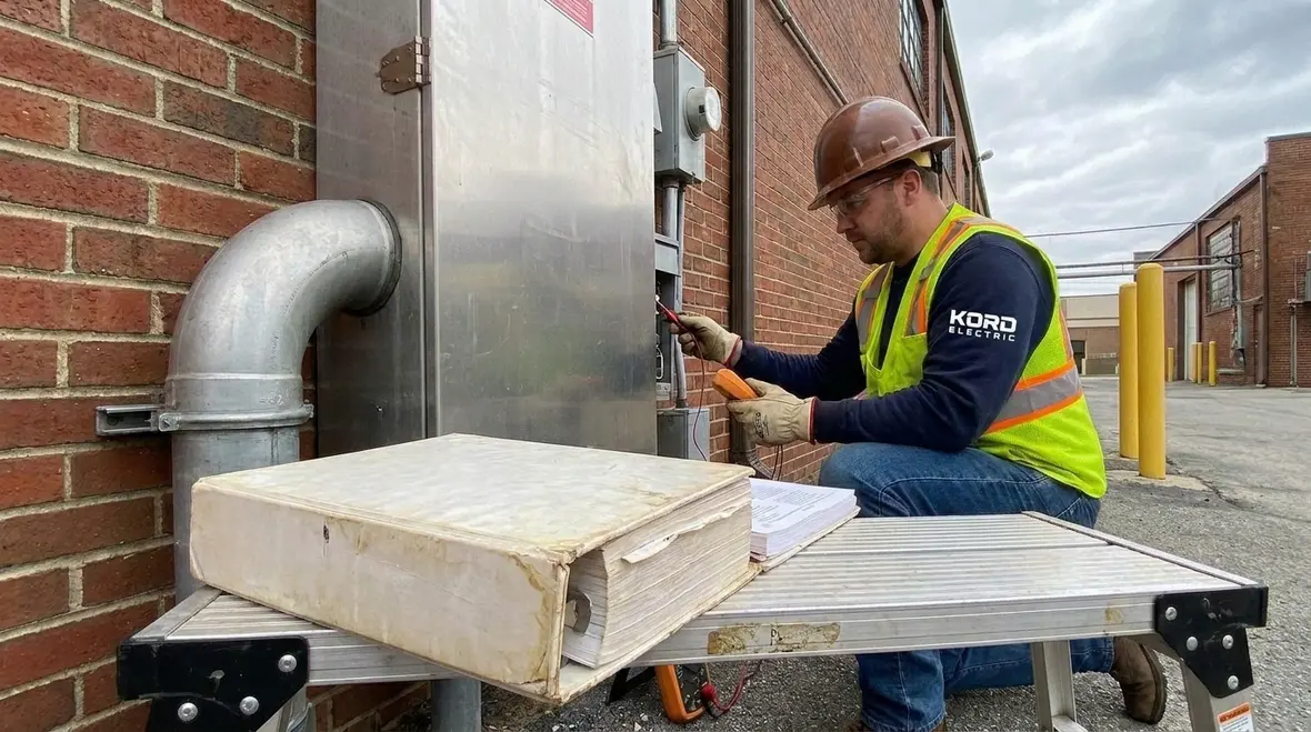 Technician inspecting NEC raceway seal high voltage service entrance in a commercial facility