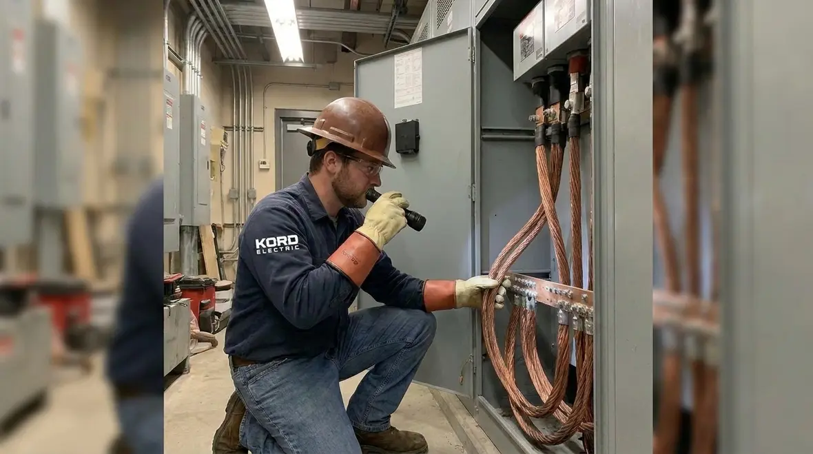 Technician verifying NEC bonding continuity 2 kV on commercial equipment