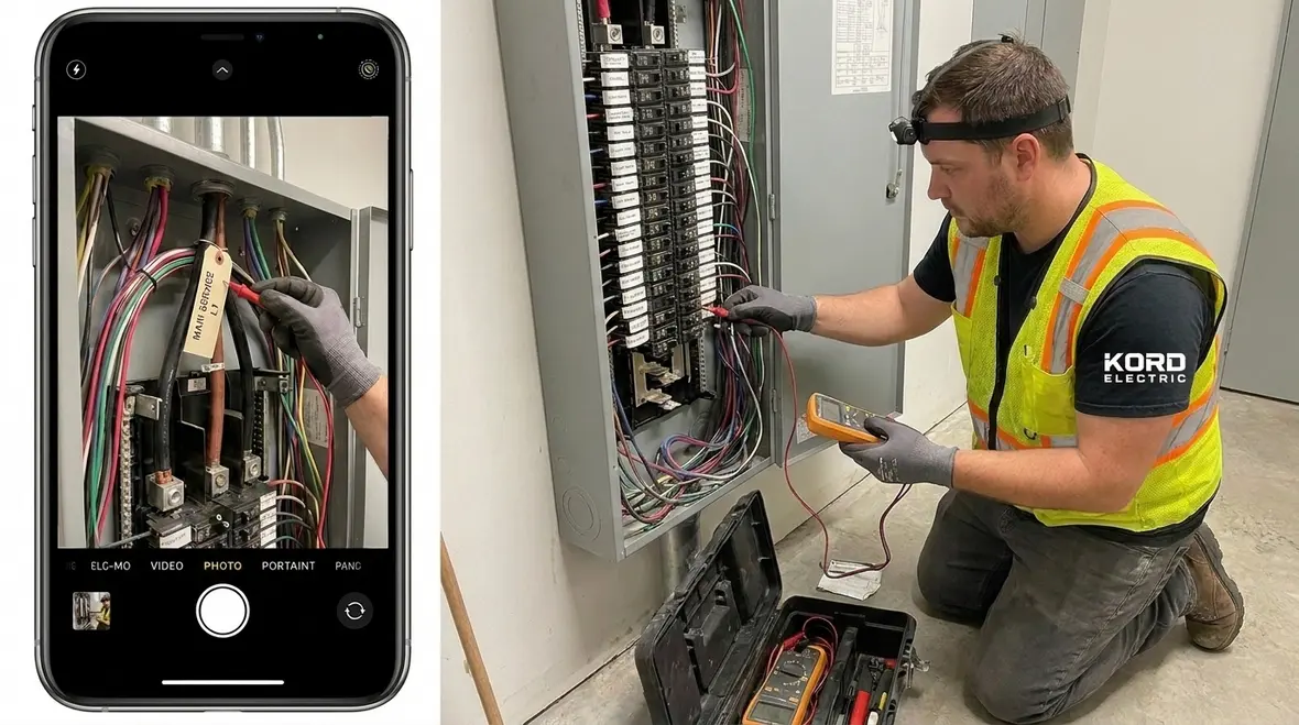 Technician inspecting NEC other service conductors installation in commercial service equipment