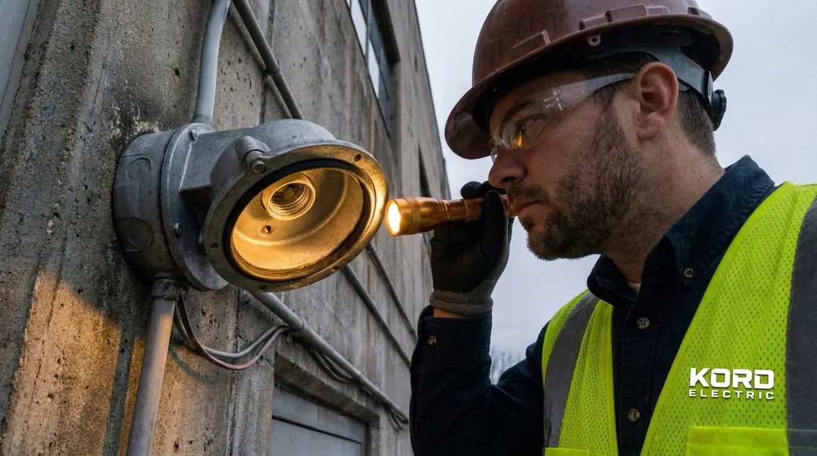 Commercial building exterior lighting following NEC outdoor lampholder requirements