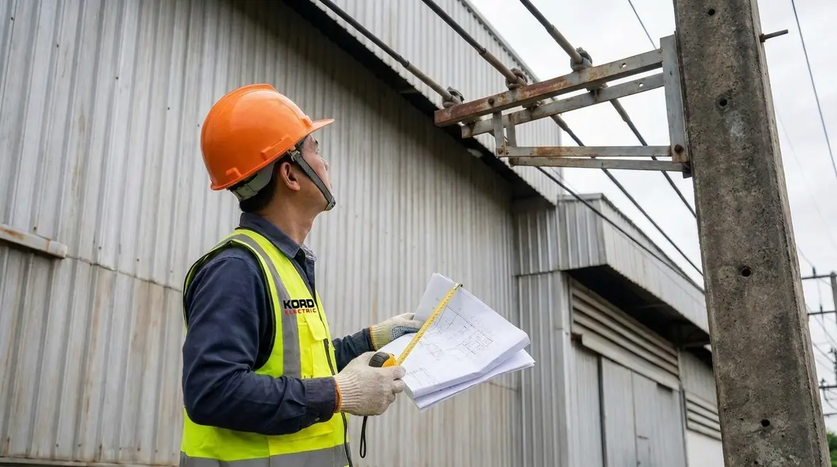 Outdoor NEC overhead conductor support installation on a commercial property