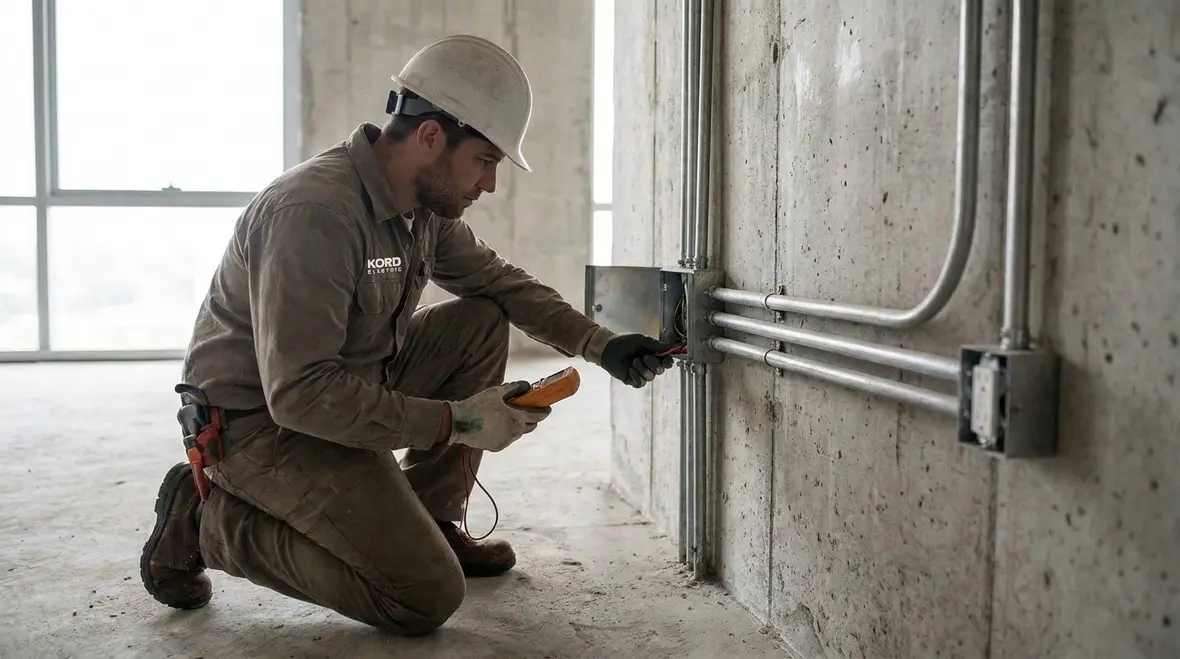 Technician inspecting NEC outlet junction boxes scope in a commercial electrical room