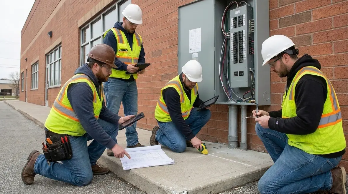 Technicians mapping outside branch circuit scope around a building