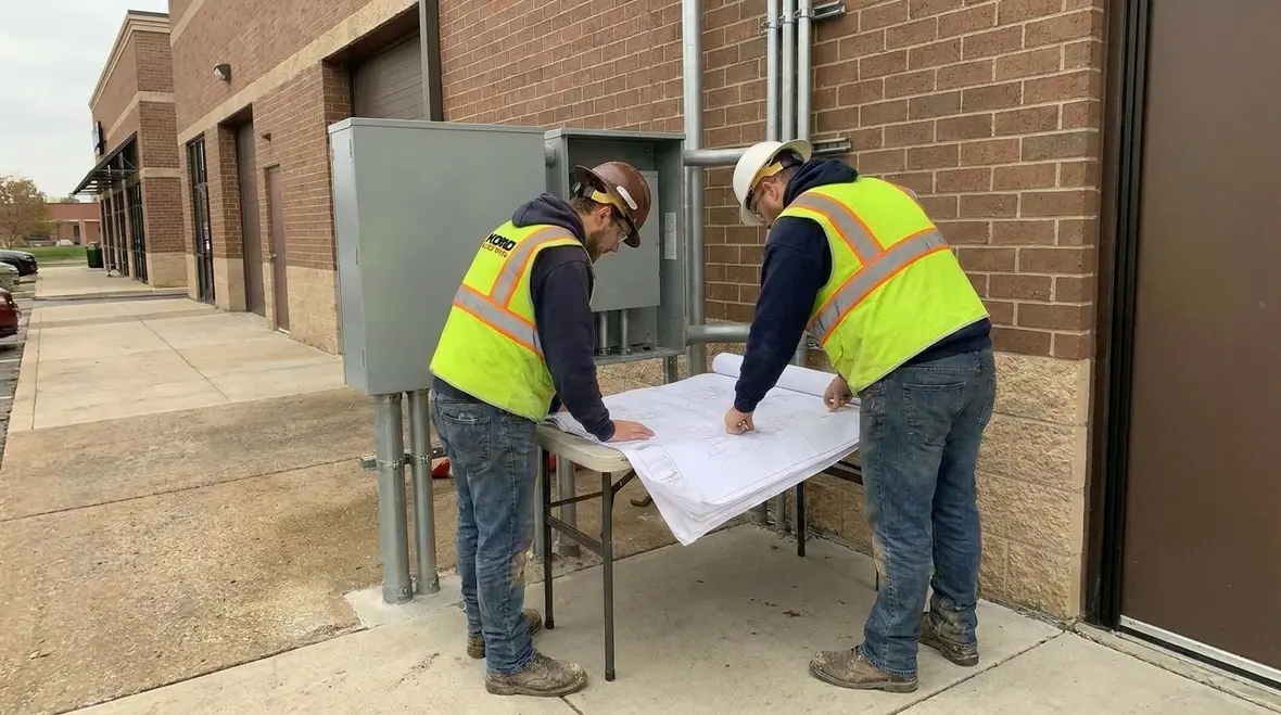 Commercial electrician reviewing NEC 225.1 outside branch circuit plans
