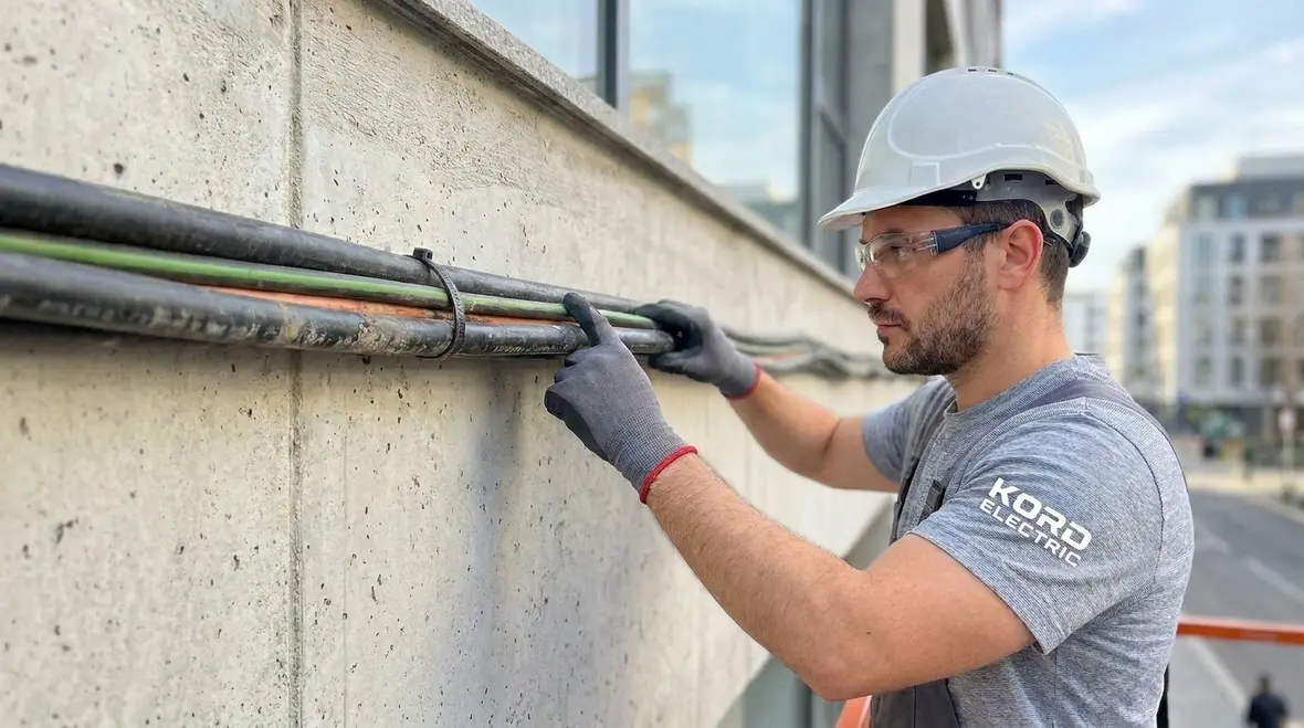 Technician reviewing NEC outside conductor insulation rules on a commercial site