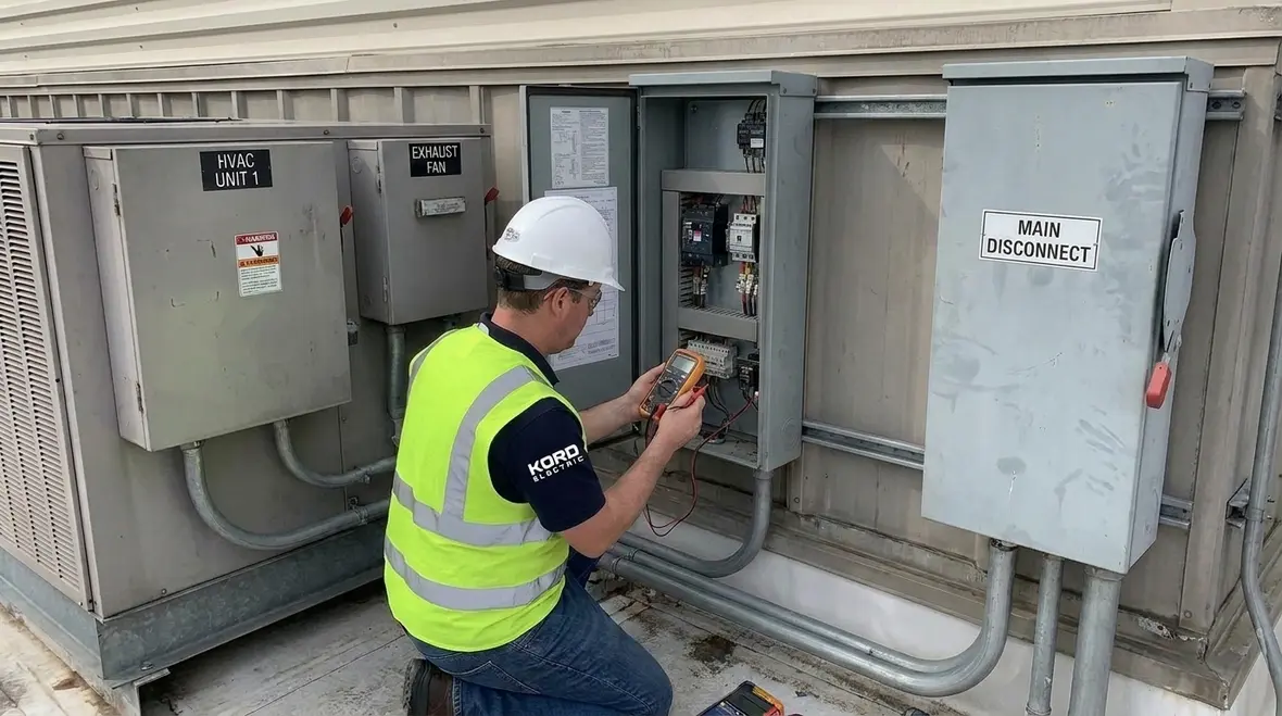 Clearly labeled outdoor electrical disconnect serving commercial equipment