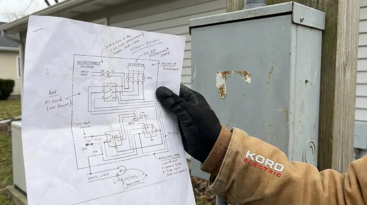 Kord Electric technician confirming outdoor disconnect labeling during service