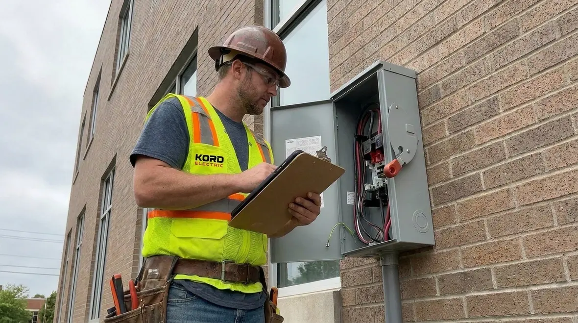 Commercial electrician inspecting an outside disconnect for NFPA 70 Section 225.39 compliance