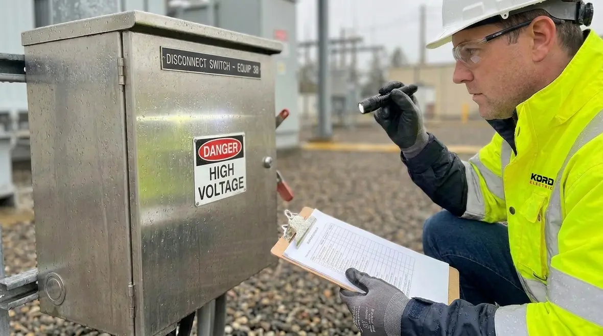 Technician verifying outside disconnect rating against commercial service requirements