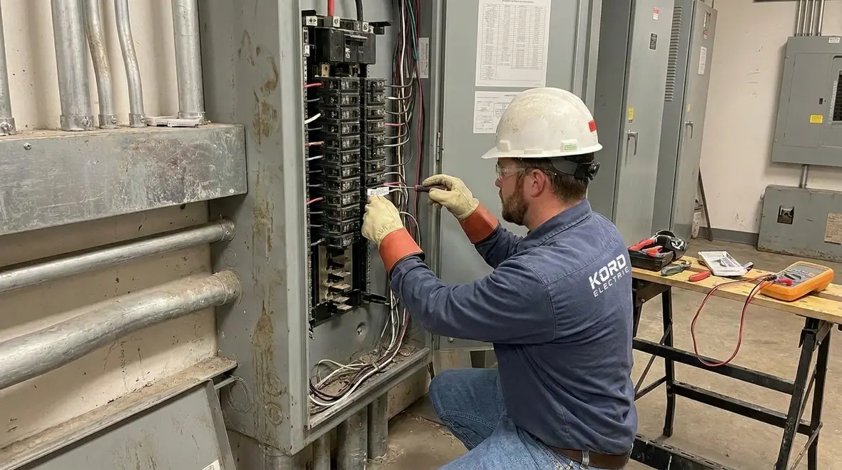 Electrician reviewing NEC overcurrent device locations on premises