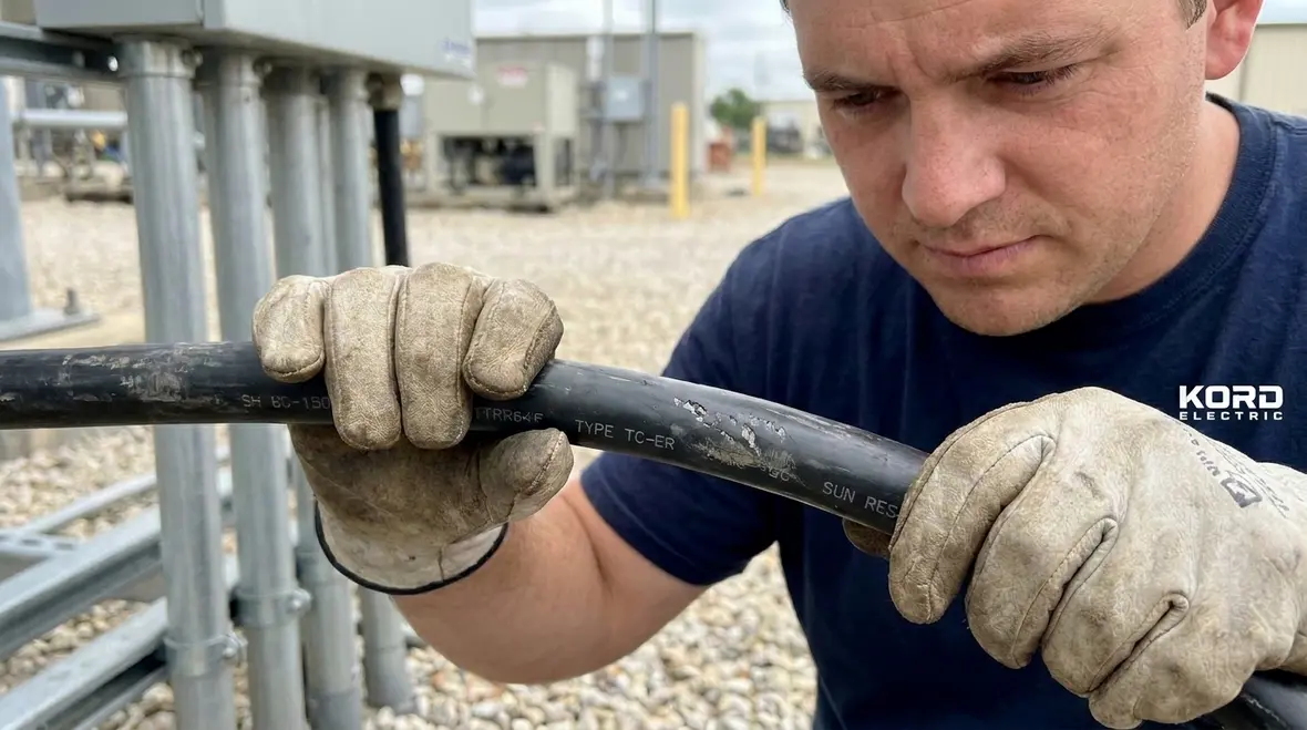 Technician installing NEC exterior multiconductor cables on a facility exterior