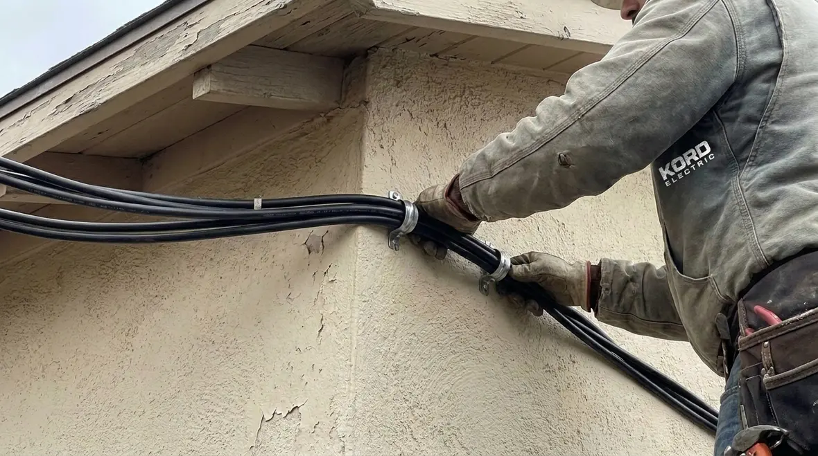 Detail of NEC compliant exterior cable routing and supports