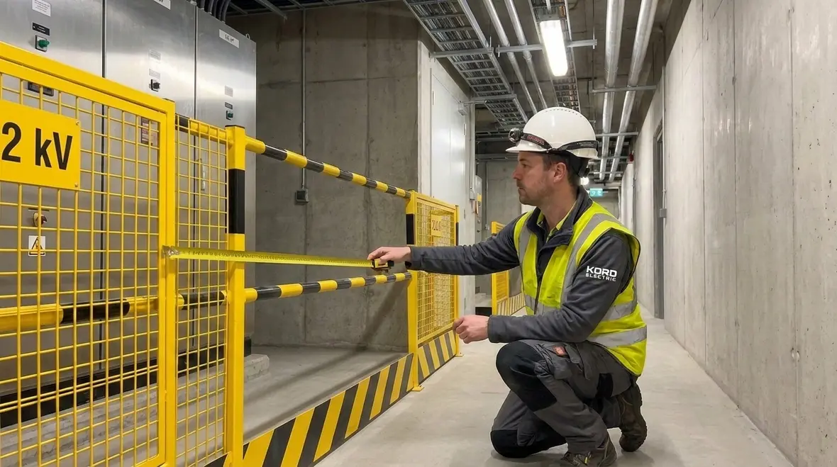 Technician verifying NEC 2 kV service equipment guarding and labeling