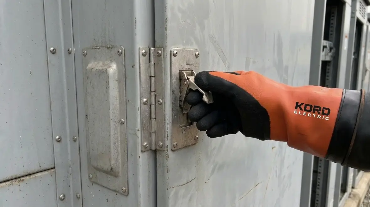 High voltage NEC overhead service equipment guarded in an enclosed electrical service area