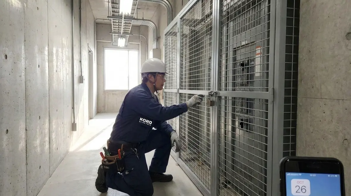 Technician reviewing NEC service equipment barriers in a commercial electrical room