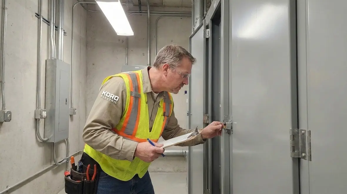 Kord Electric technician inspecting service equipment barriers for NEC compliance