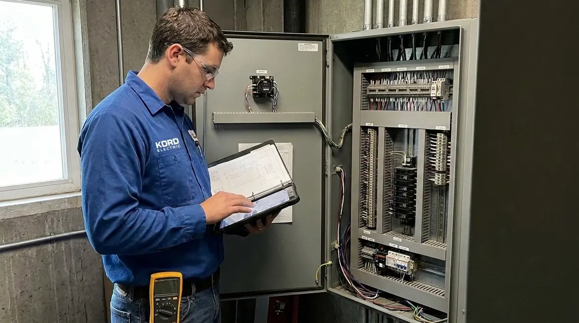 Technicians reviewing NEC wiring on buildings layout against NFPA 70 Section 267.10