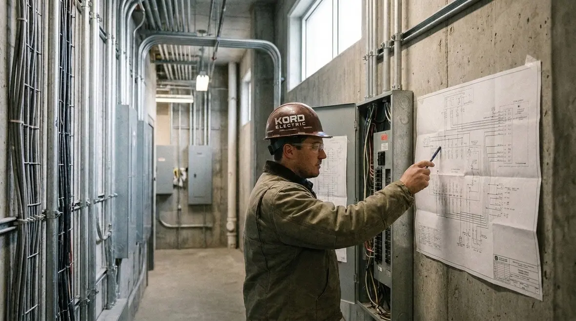 Kord Electric technicians verifying NEC-permitted wiring methods and documentation in an industrial facility