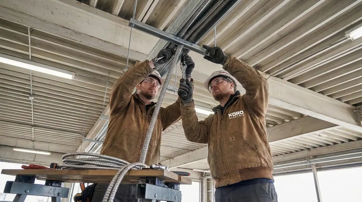 Electricians applying NEC physical damage protection wiring methods on site
