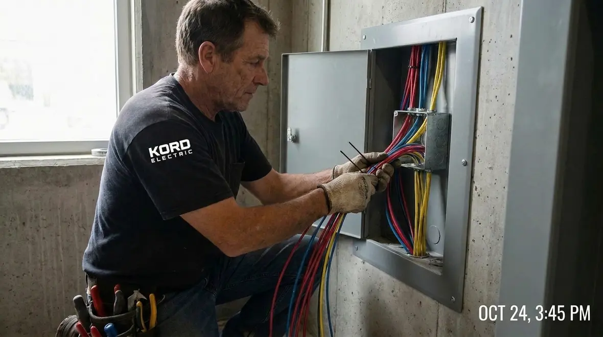 Electrician inspecting wiring behind an NEC-compliant access panel