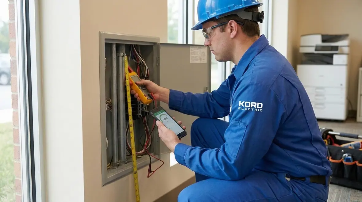 Technician verifying NEC 300.26 wiring details at an access panel