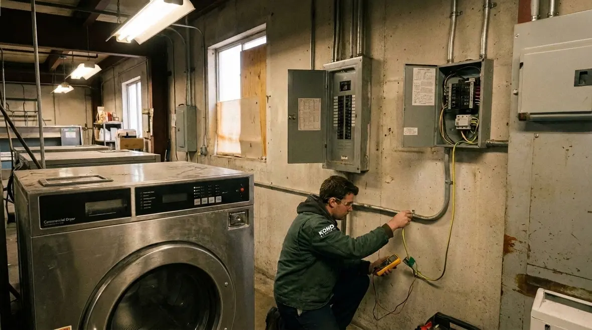 Technician verifying continuity and bonding on a commercial dryer frame
