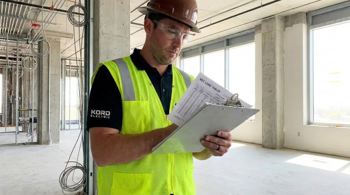 Commercial NEC load tables being reviewed on an electrical one-line diagram