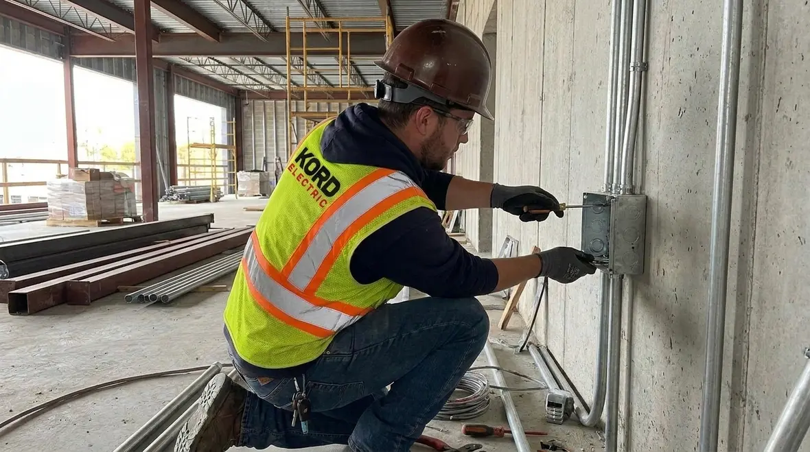 Electrician reviewing NEC pull box sizing inside a commercial electrical room