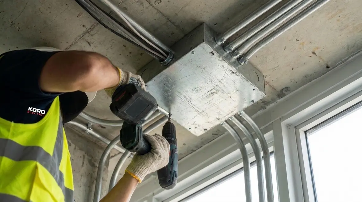 Electrician working on NEC pull junction box in a commercial building