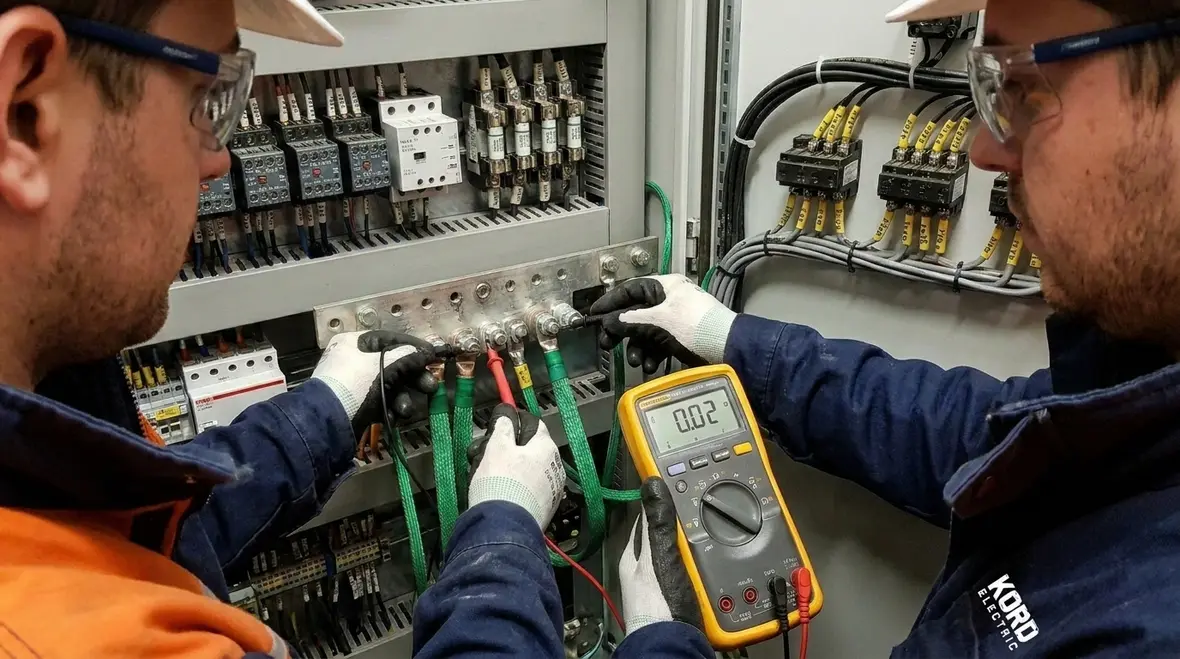 Technician testing bonding continuity on commercial electrical equipment
