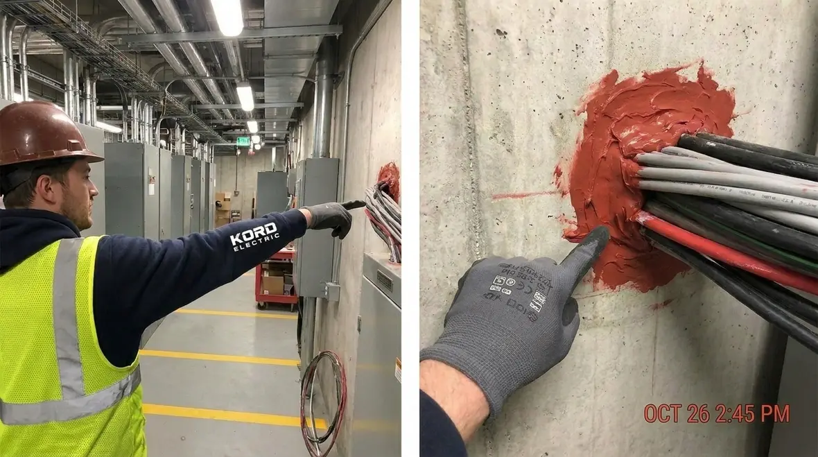 Electrician inspecting NEC raceway seal building penetrations at a commercial wall opening
