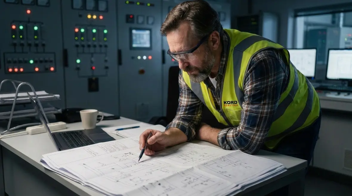 Technicians reviewing NEC 70 Section 267.30 supply arrangements for feeders