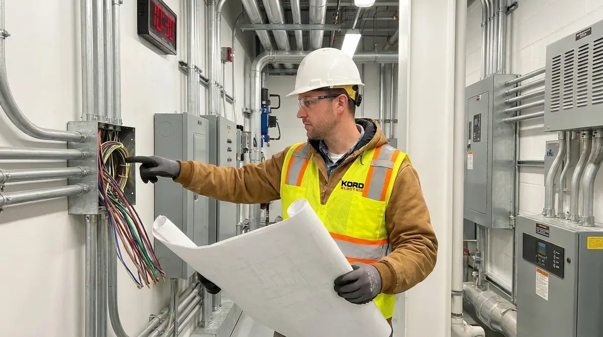 Technician evaluating NEC raceway to open wiring transition in a commercial facility