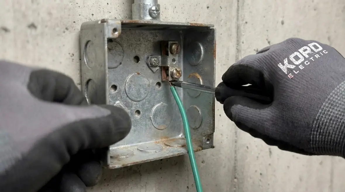Electrical box interior showing secure NEC EGC boxes attachment to prevent continuity failures