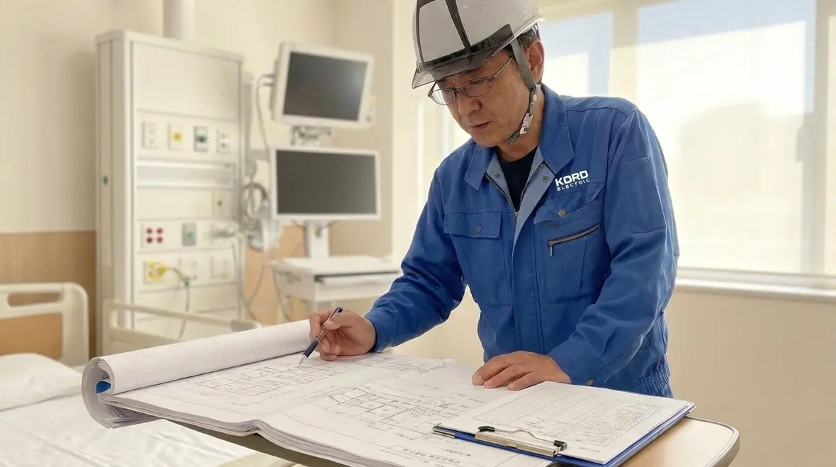 Technician reviewing NEC patient care equipment load calculations in a healthcare facility