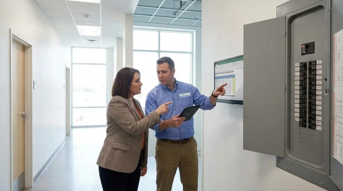 Kord Electric technicians testing NEC patient care equipment load circuits in the field