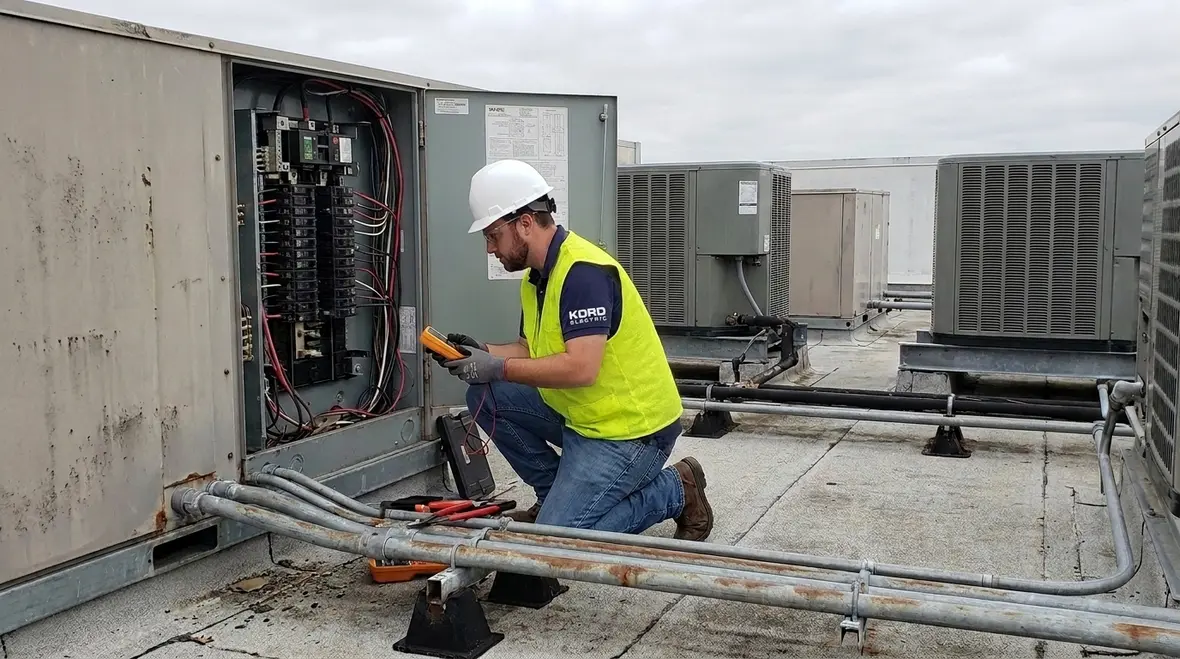 Technician reviewing NEC motor air conditioning loads on a commercial panel