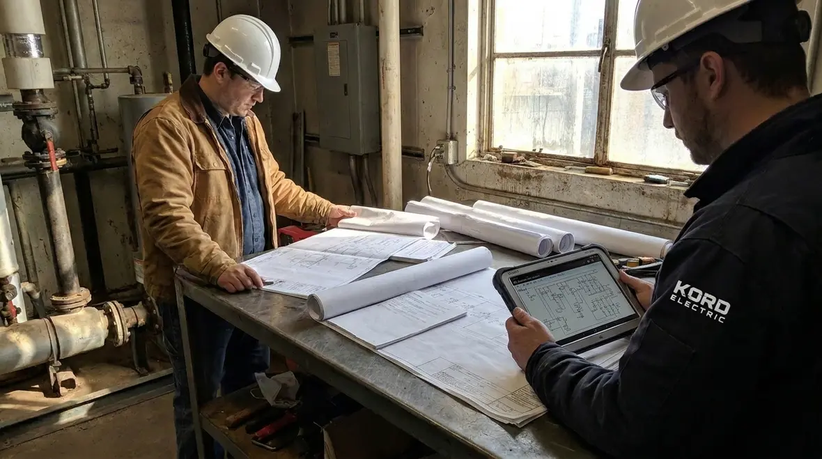 Engineers coordinating NEC motor and air conditioning load calculations for a facility