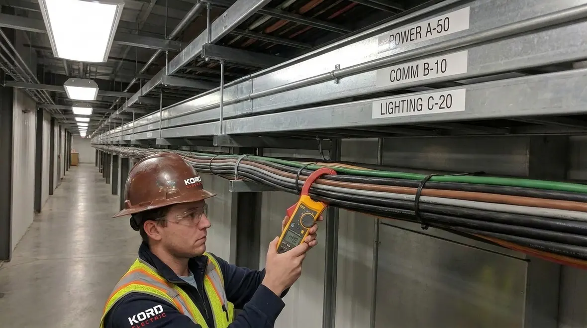 Engineers reviewing NEC load calculation sheets for a major property building
