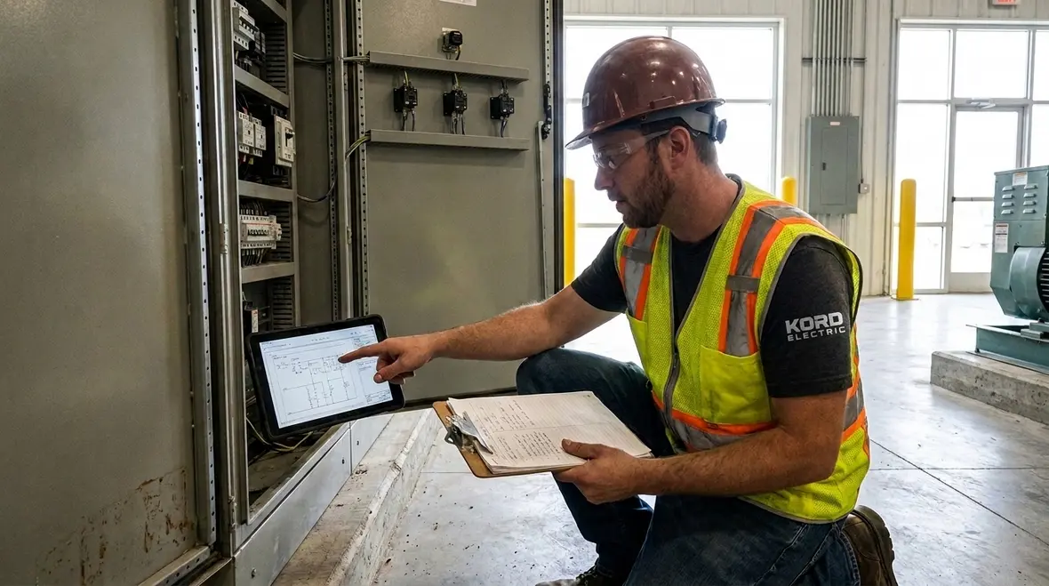 Technicians reviewing NEC calculated load determination rules for a commercial facility