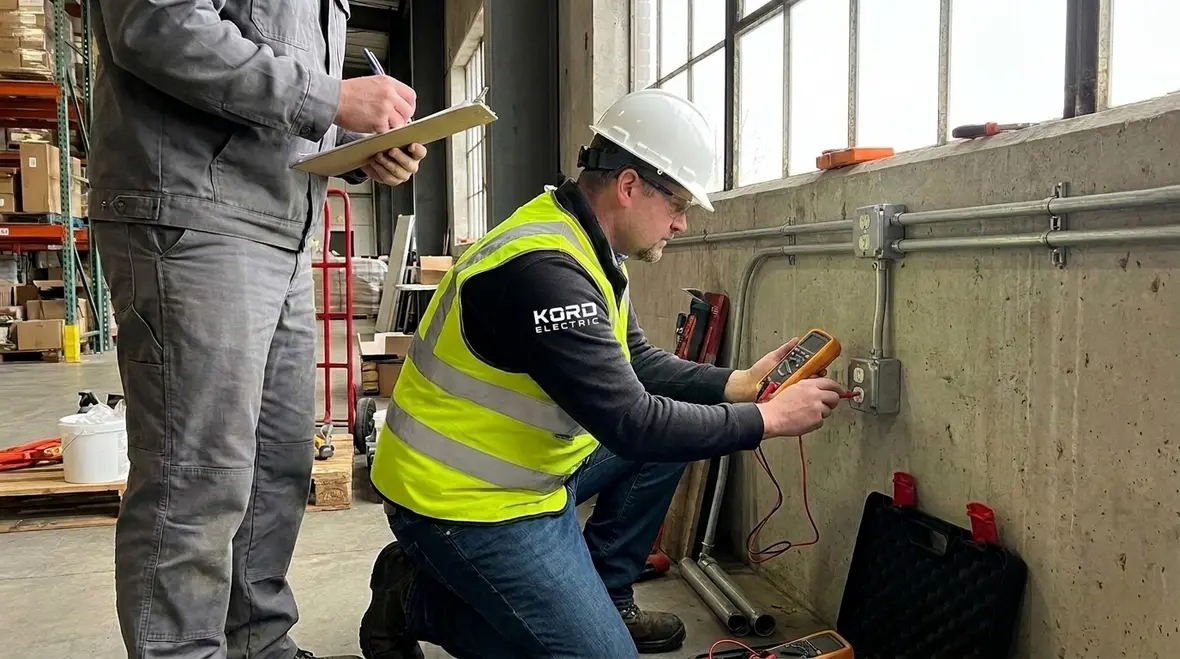 Technicians planning NEC-compliant receptacle outlet spacing in an industrial space
