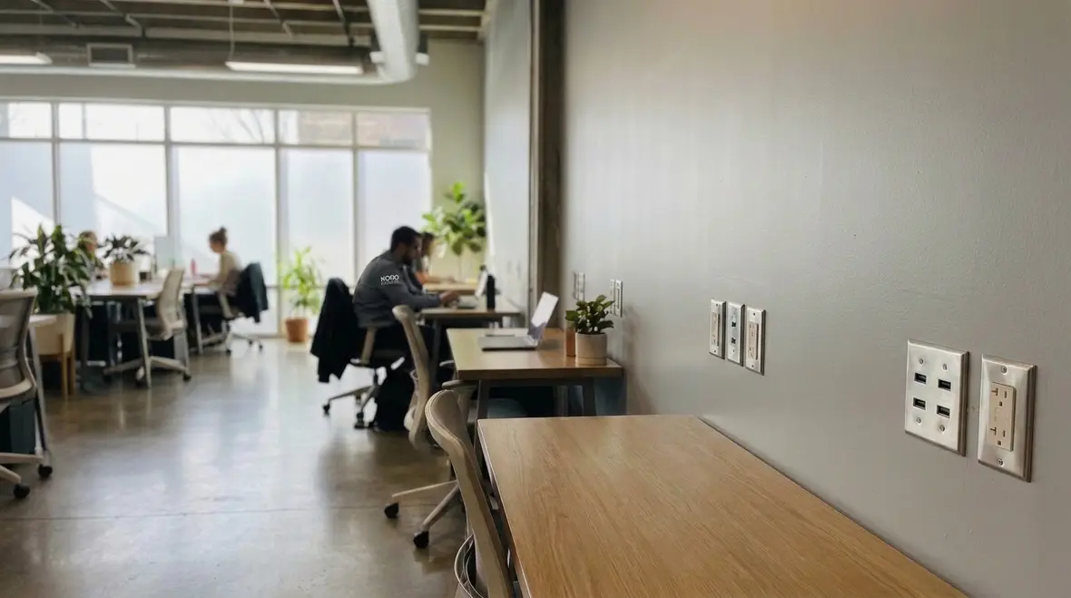 Electrician reviewing NEC receptacle outlet layout for a commercial facility