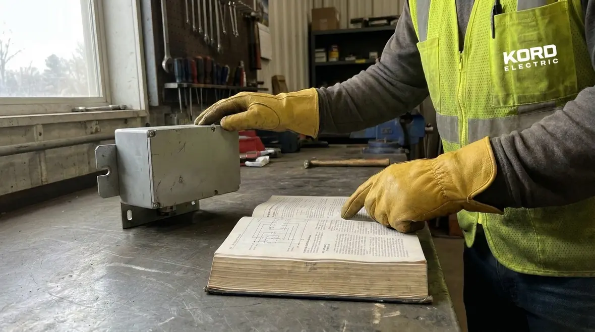 Technician inspecting NEC reconditioned SPD equipment in a commercial electrical room