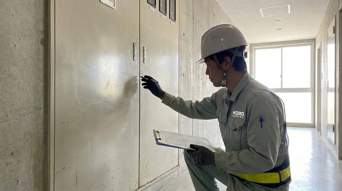 Technician inspecting NEC reconditioned boxes equipment in a commercial electrical room