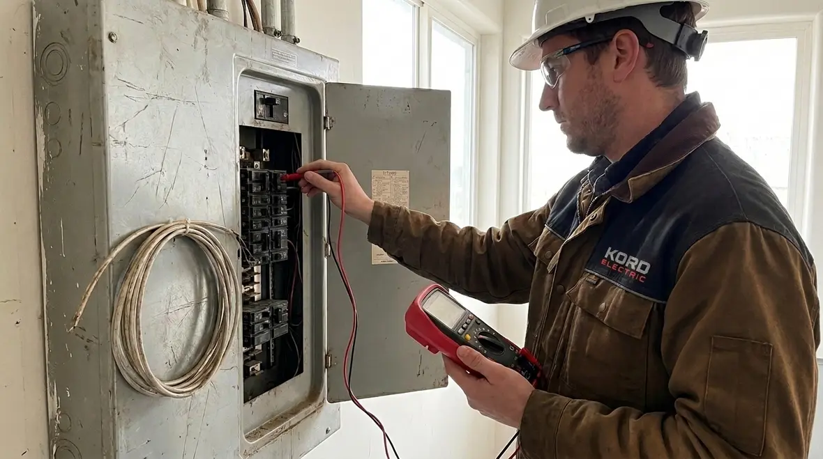 Technician inspecting NEC reconditioned branch circuit equipment under NFPA 70 Section 210.3