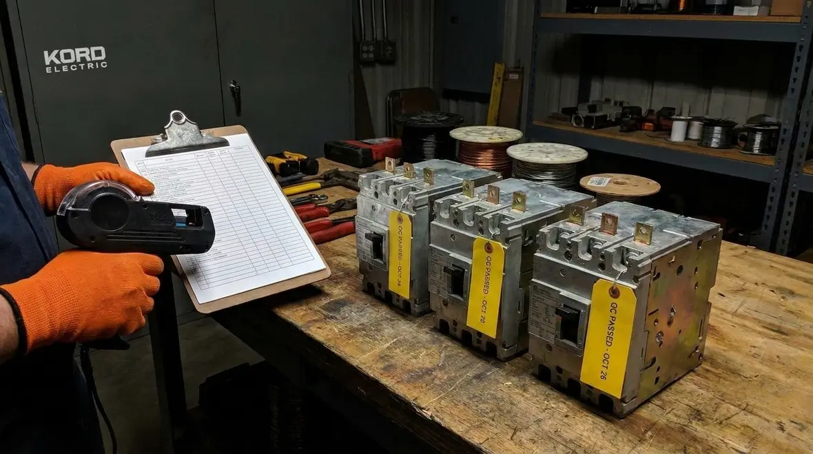 Kord Electric technicians verifying NEC Section 110.20 requirements on reconditioned gear