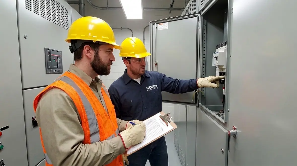 Technicians reviewing NEC reconditioned equipment listing rules for commercial switchgear