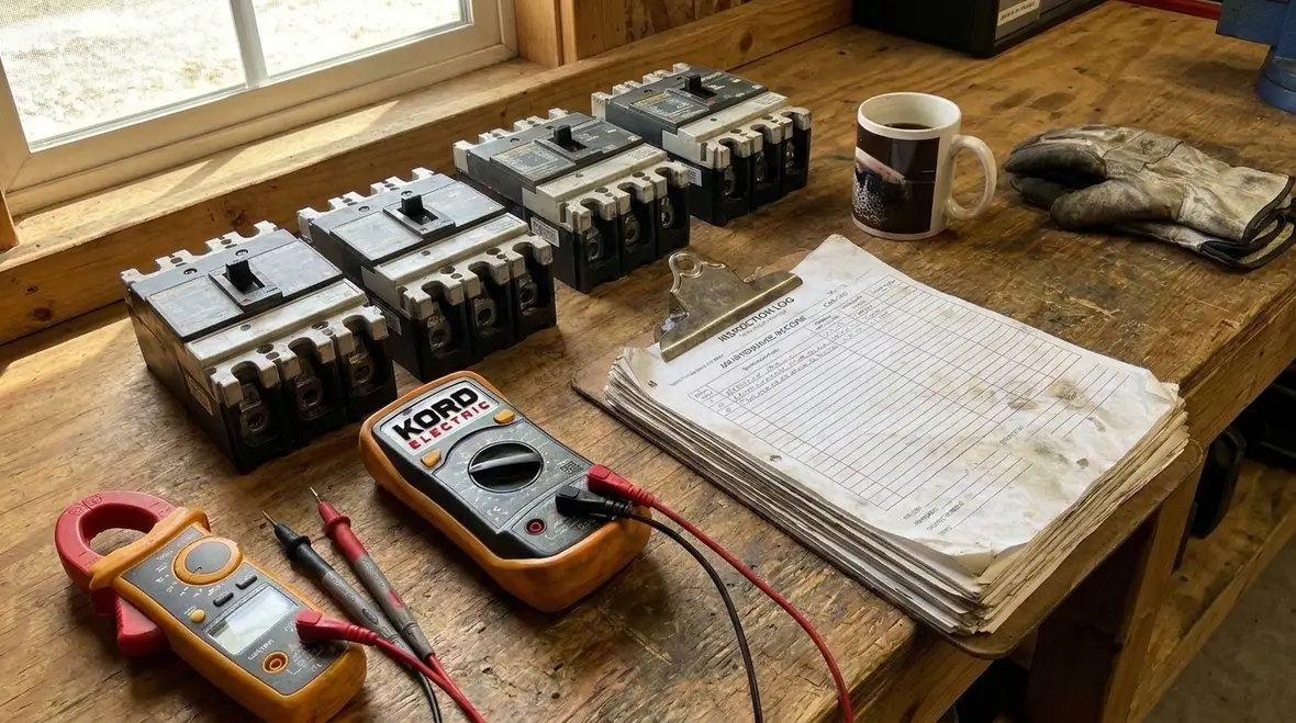 Technicians documenting reconditioned electrical equipment to meet NEC 312.3 rules