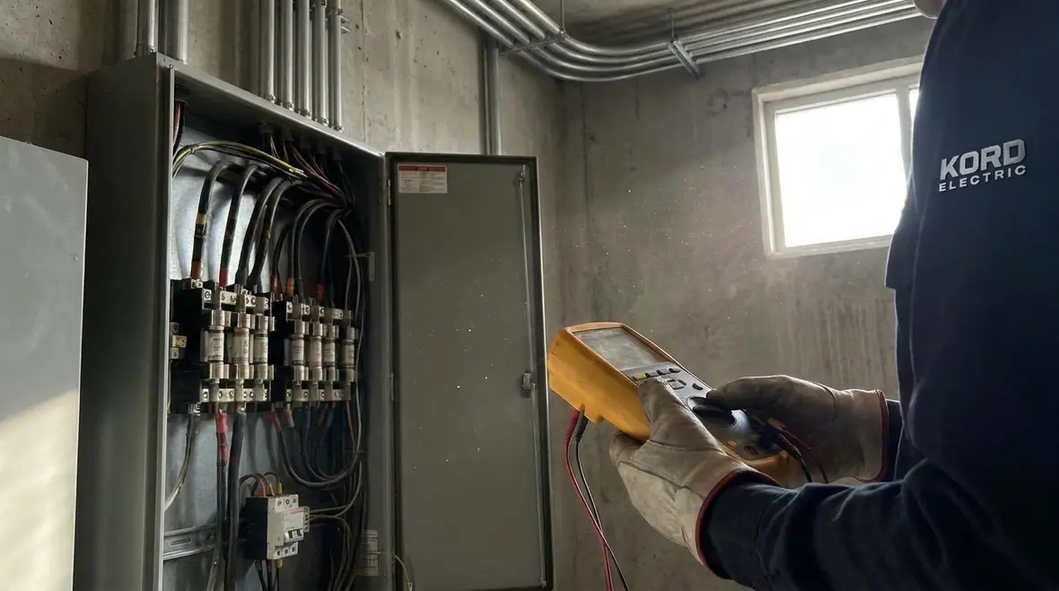 Electrician inspecting NEC reconditioned equipment inside a code-compliant panel